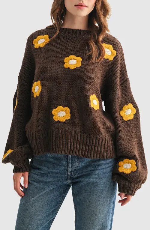 All in Favor Embroidered Flower Crewneck Sweater in Brown Mustard Flower at Nordstrom, Size Small | Nordstrom