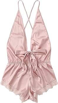 Women's Satin Lingerie Lace Trim Teddy Bow Knot Romper Bodysuit Babydoll | Amazon (US)