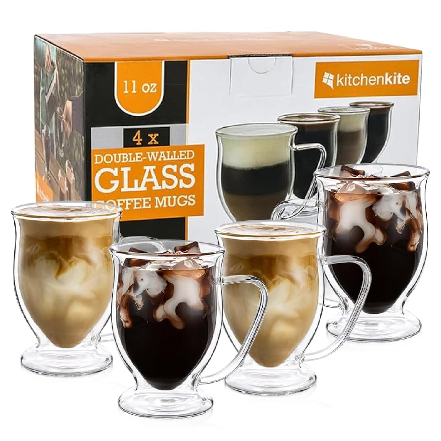 Double Wall Glass Coffee Mugs 11oz Set of 4, Insulated Borosilicate Glass Coffee Cups with Handle... | Amazon (US)