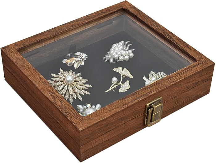 MOOCA Tempered-Glass Top Small Wooden Jewelry Display Case with Removable Black Luxurious Velvet ... | Amazon (US)