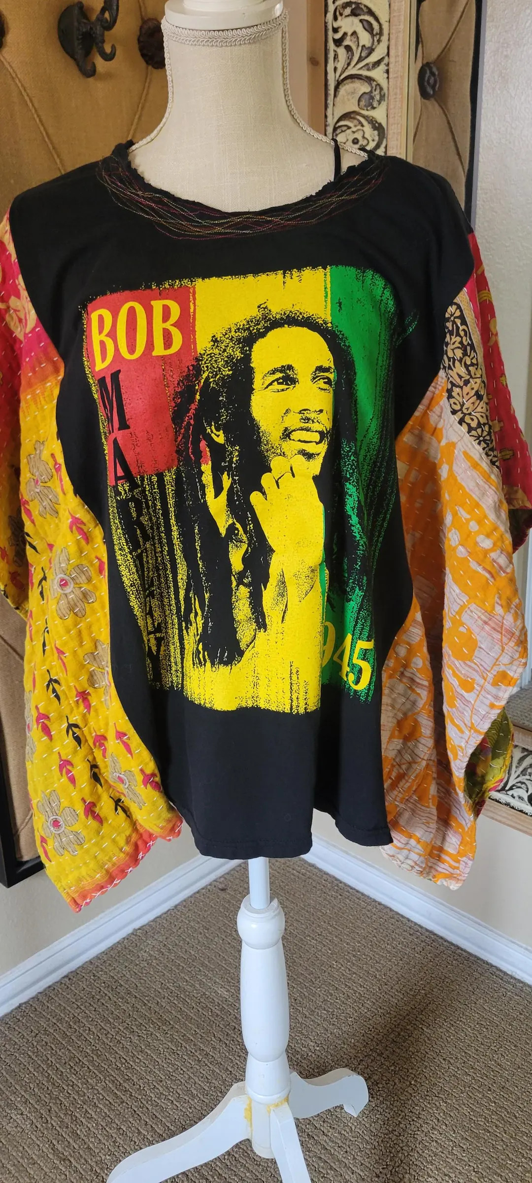 Upcycled Clothing Bob Marley Revamped Kantha Poncho Handmade One of a Kind Includes Shipping | Etsy (US)