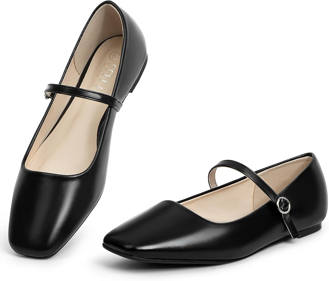 MUSSHOE Womens Ballet Mary Jane Flats Shoes Adjustable Strap Comfortable Square Closed Toe Versat... | Amazon (US)