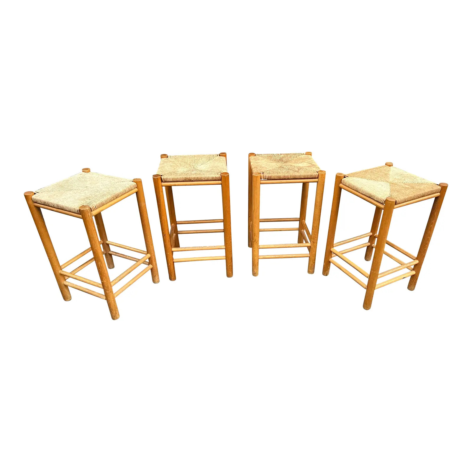 Mid 20th Century Mid Century Modern Rush Seat Wood Bar Counter Stools - Set 4 | Chairish