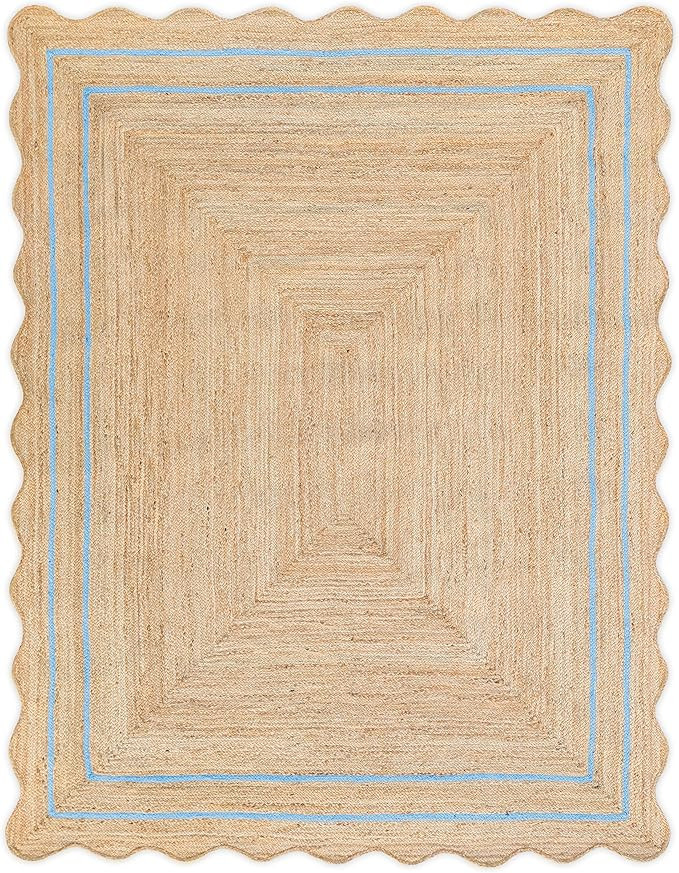 Wave Scalloped Natural Jute Rug Boho Jute Rug Entryway Runner Rug Farmhouse Scallop Rug, Sky Blue... | Amazon (US)