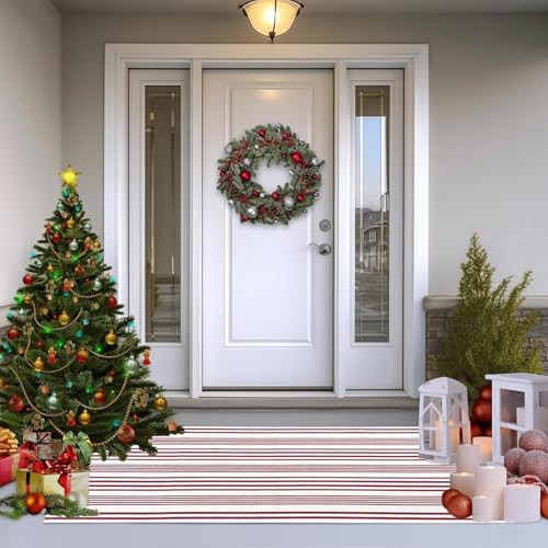 USTIDE Red and White Rug 23.6'' x51'' Striped Front Porch Rug Cotton Hand-Woven Area Rug Washable Welcome Mats for Entryway/Laundry/Bathroom/Bedroom | Amazon (US)