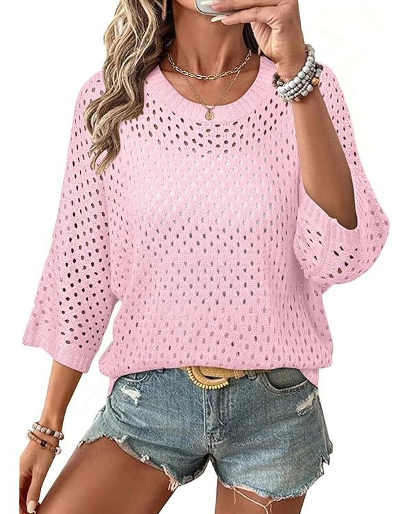 SHEWIN Womens Sweaters Crew Neck 3/4 Length Sleeve Crochet Tops Knit Beach Cover Ups Spring Outfi... | Amazon (US)