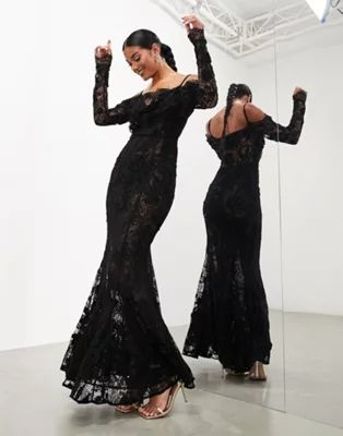 ASOS EDITION statement applique lace fishtail maxi dress with cowl neck in black | ASOS (Global)