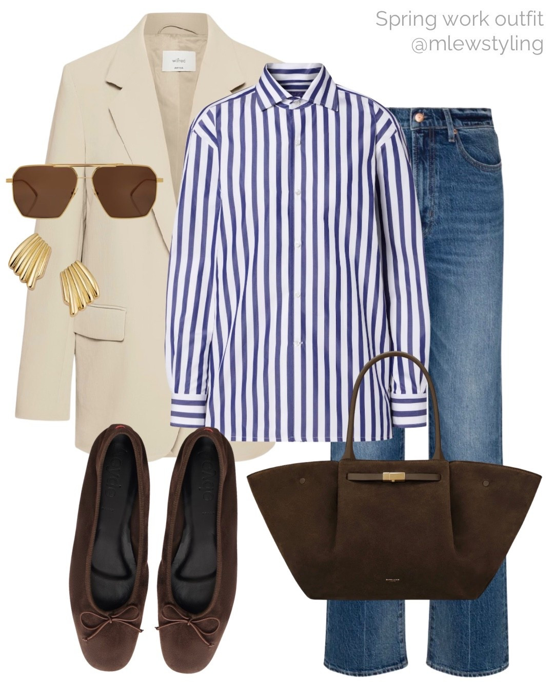 Spring workwear with a striped button down, beige blazer, and flared denim 💫

Tags: aritzia blazer, Ralph Lauren striped shirt, frame flared jeans, DeMellier chocolate brown suede tote bag, suede ballet flats, bottega veneta aviator sunglasses, gold earrings, neutral aesthetic, capsule wardrobe, office work outfit 

#LTKgrwm #LTKWorkwear #LTKootd