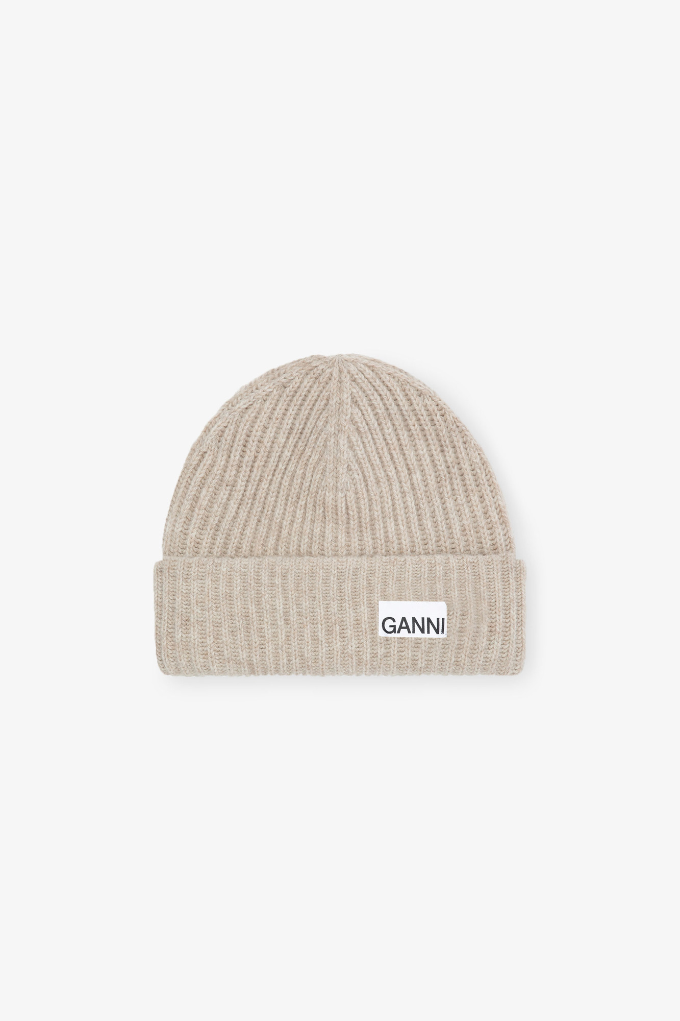 Brazilian Sand Fitted Beanie in Sand Rib Wool Knit | GANNI UK | Ganni
