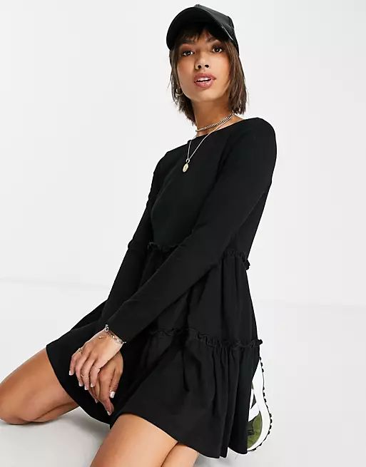 River Island long sleeved tiered smock mini T-shirt dress in black | ASOS (Global)
