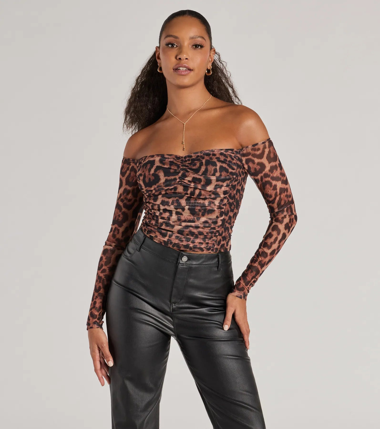 Sultry Leopard Print Mesh Off-The-Shoulder Top | Windsor Stores