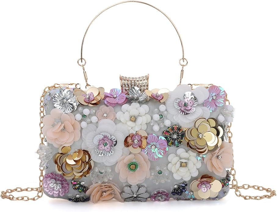 Fecialy Women's Floral Evening Handbags Colorful Rhinestone Clutch Purses Floral Bride Wedding Ha... | Amazon (US)