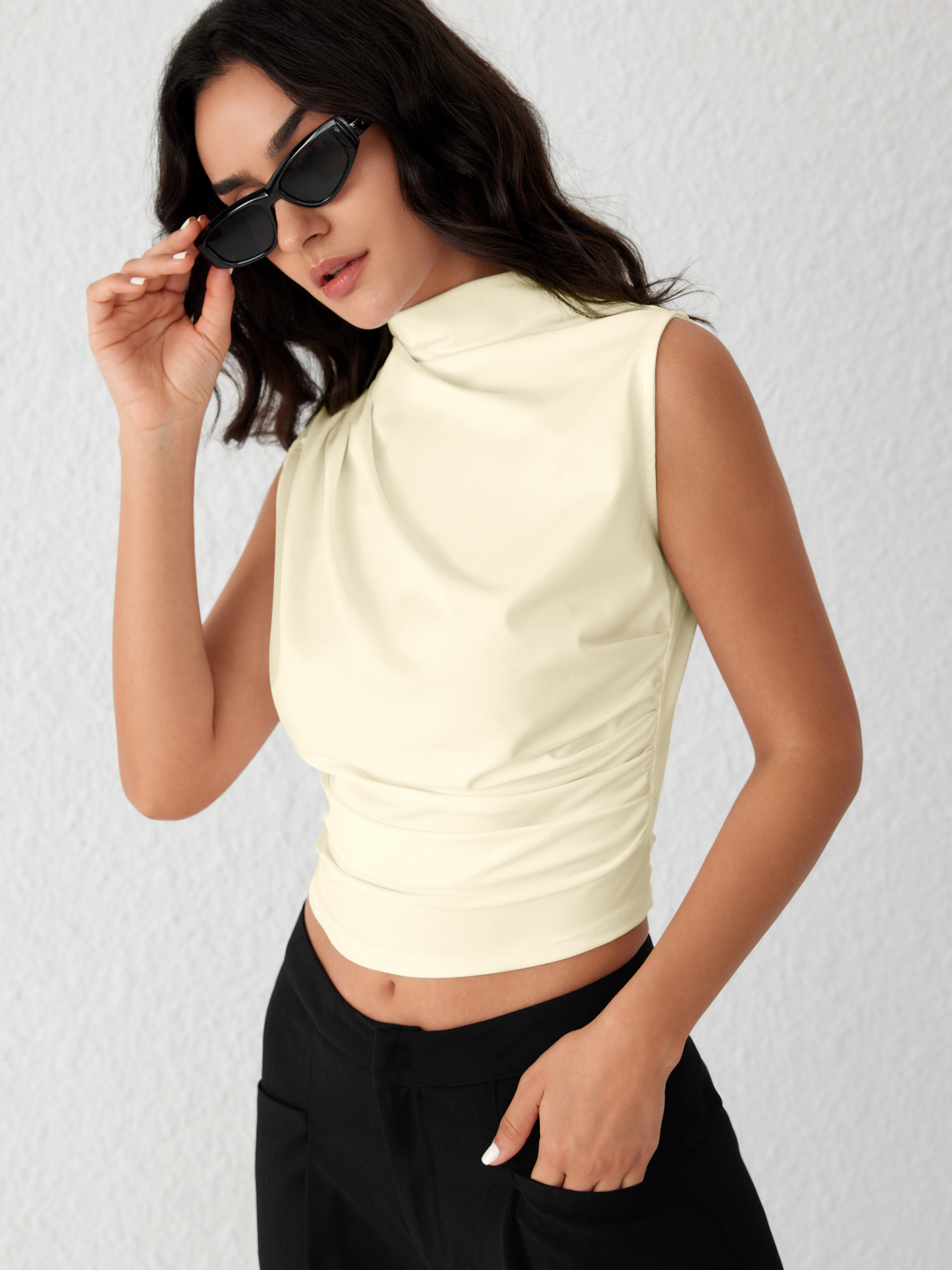 Sleeveless Tops Summer Tops Cute Tops City Chic Knit Fabric Asymmetrical High Neck Ruched Crop To... | Cider