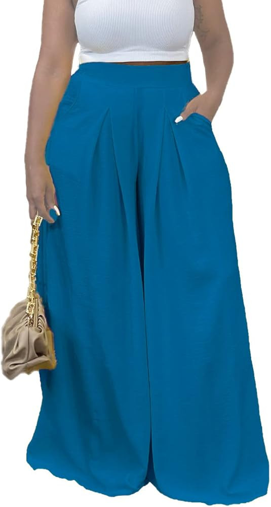 Flowy Pants for Women Casual High Waisted Wide Leg Palazzo Pants Trousers with Pocket Plus Size | Amazon (US)