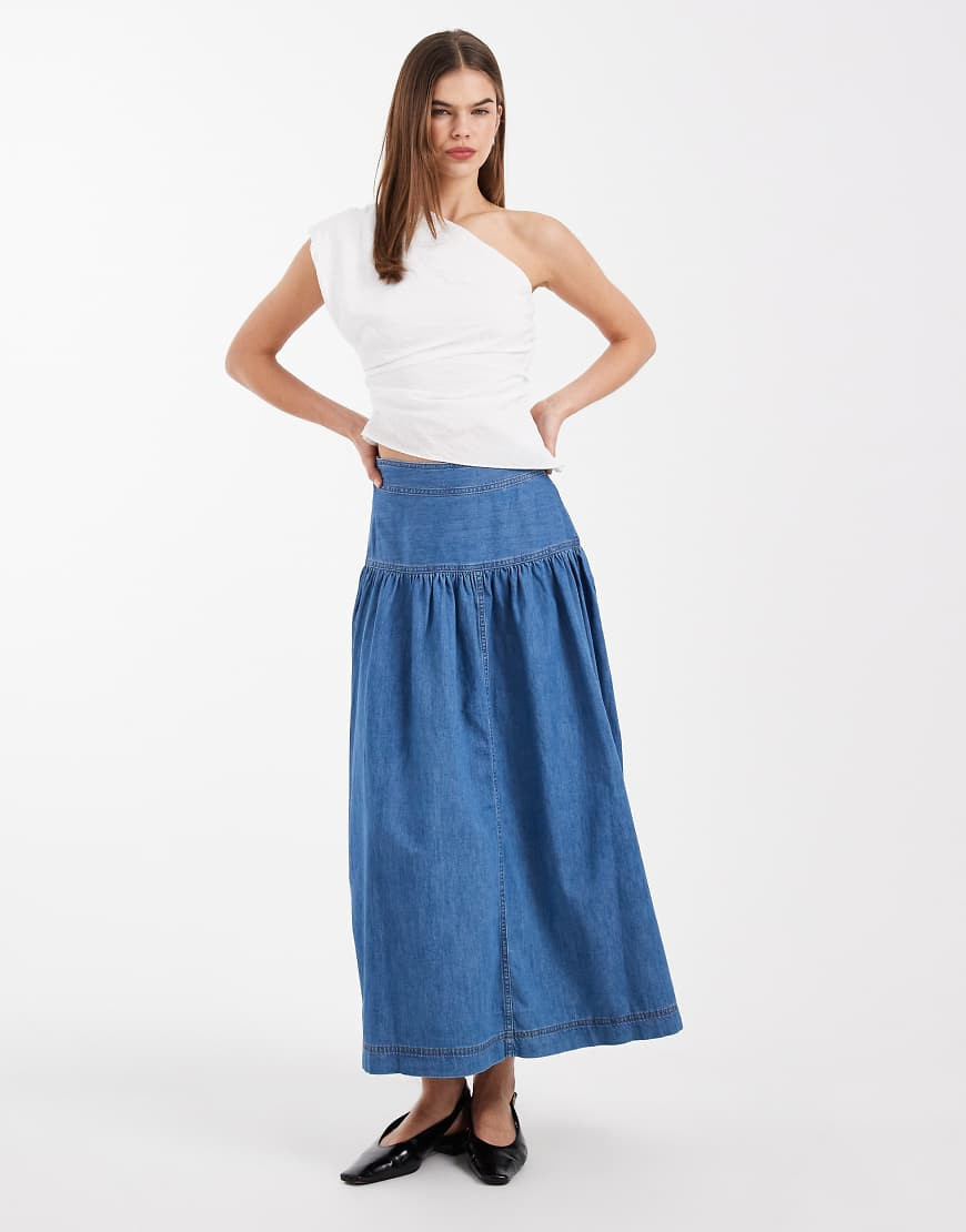 ONLY dropped waist denim maxi skirt in mid blue | ASOS (Global)