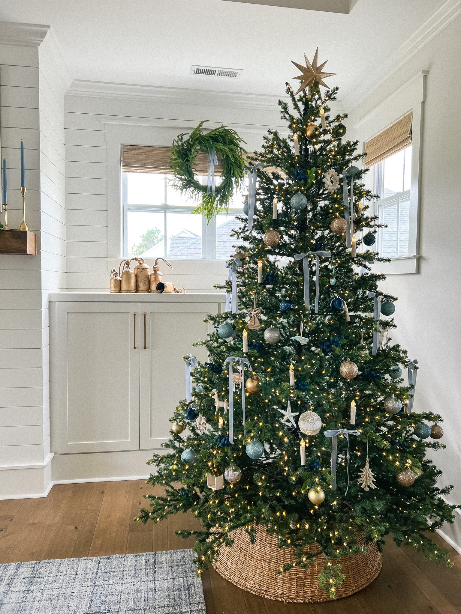 The perfect shade of coastal blue ribbon is on sale now! 

Coastal Christmas, 7.5ft Christmas tree, cailini coastal, battery operated candles