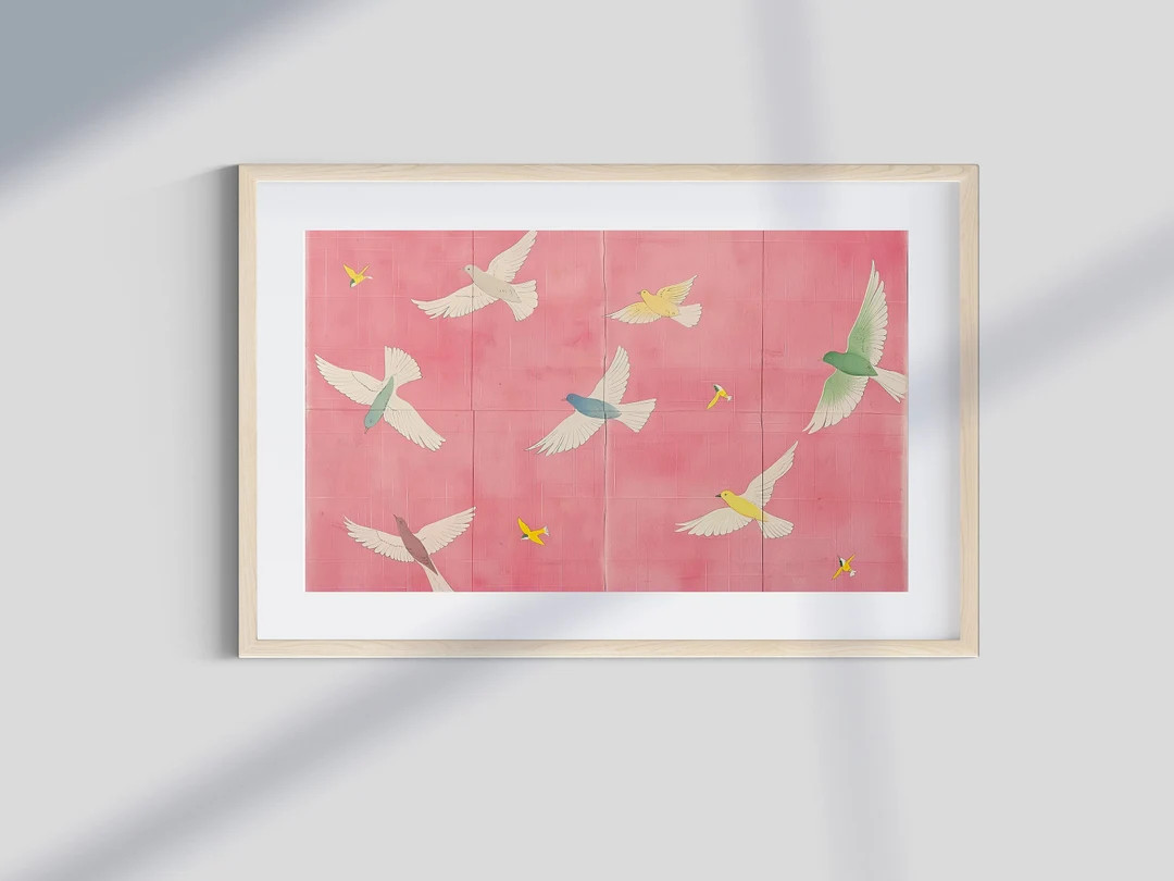 Pink Birds Abstract Painting Girl Apartment Art Pink Wall Decor DOWNLOADABLE PRINT Girly Office P... | Etsy (US)