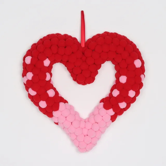 Valentine's Day Red/Pink Pom-Pom Heart Wreath, 16.5 in x 16. 5 in, by Way To Celebrate | Walmart (US)