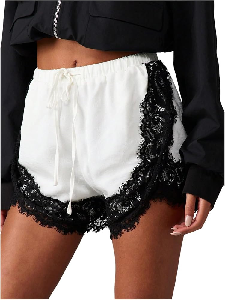 MakeMeChic Women's Satin Silk Lace Micro Shorts High Rise Knickers Half Slip Pjs Bottom | Amazon (US)