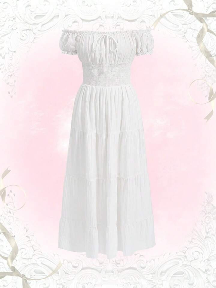 Sweetness Solid Off Shoulder Ruffle Hem Dress | SHEIN