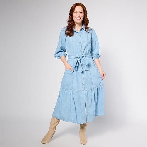 TWRHLL by Christie Brinkley Belted Denim Midi Dress - Blue - Size 3X | HSN
