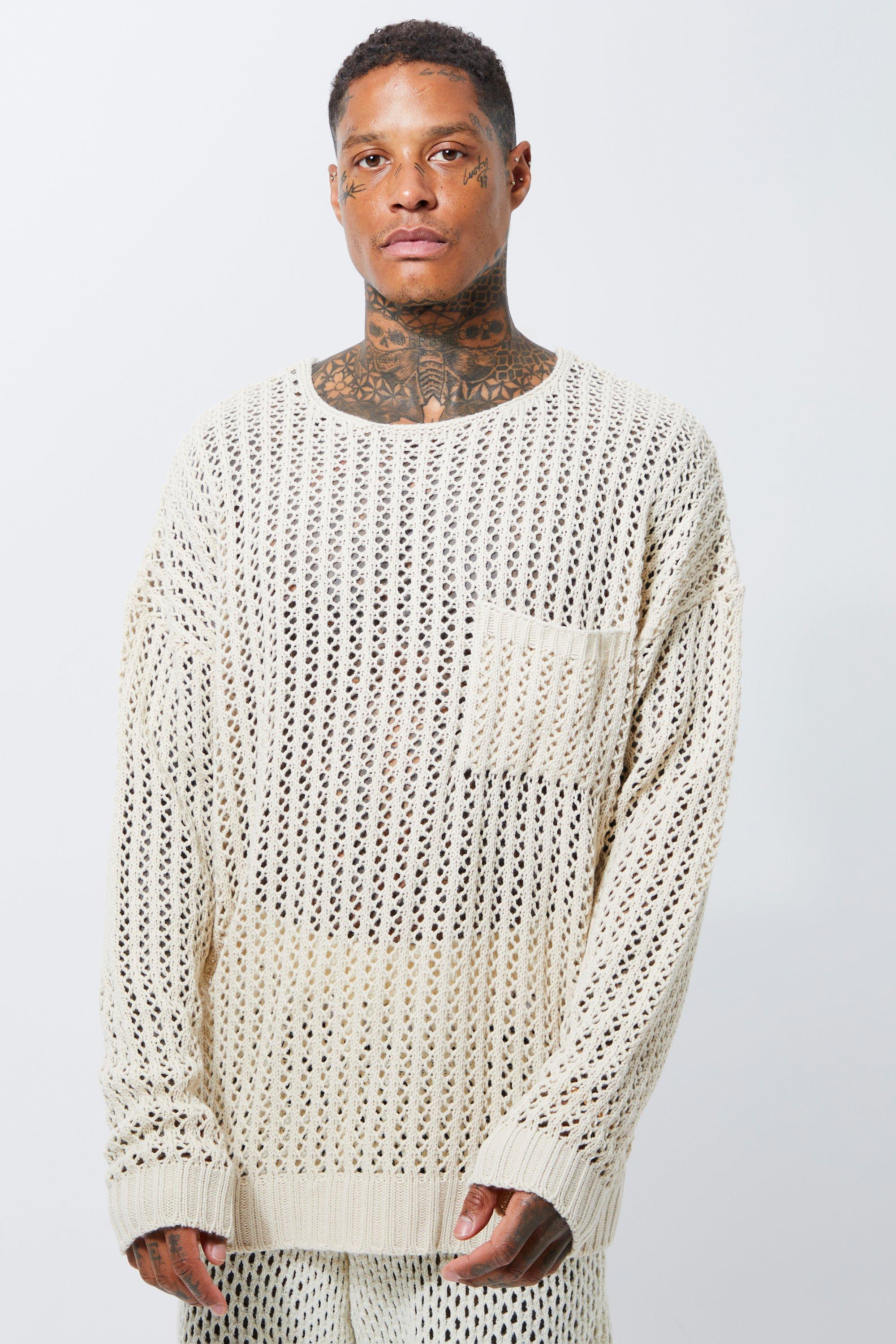 Oversized Open Knit Jumper With Pocket | boohooMAN (US & CA)
