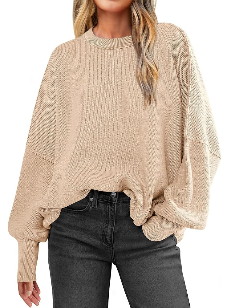 ANRABESS Women Crewneck Batwing Long Sleeve 2025 Fall Oversized Side Slit Ribbed Knit Pullover Sw... | Amazon (US)