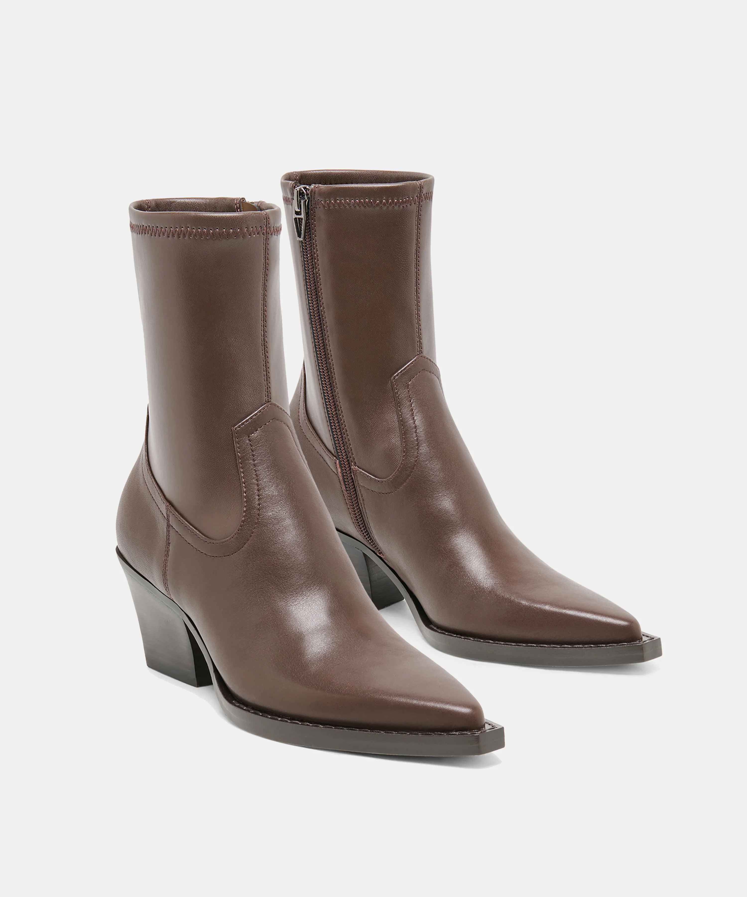 RUTGER Dk Chocolate Leather Mid-Ankle Block-Heel Boots | Dolce Vita | DolceVita.com