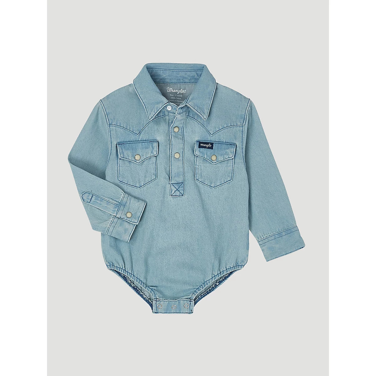 Baby Boy Long Sleeve Denim Bodysuit with Western Snap Placket in Faded Blue | Wrangler