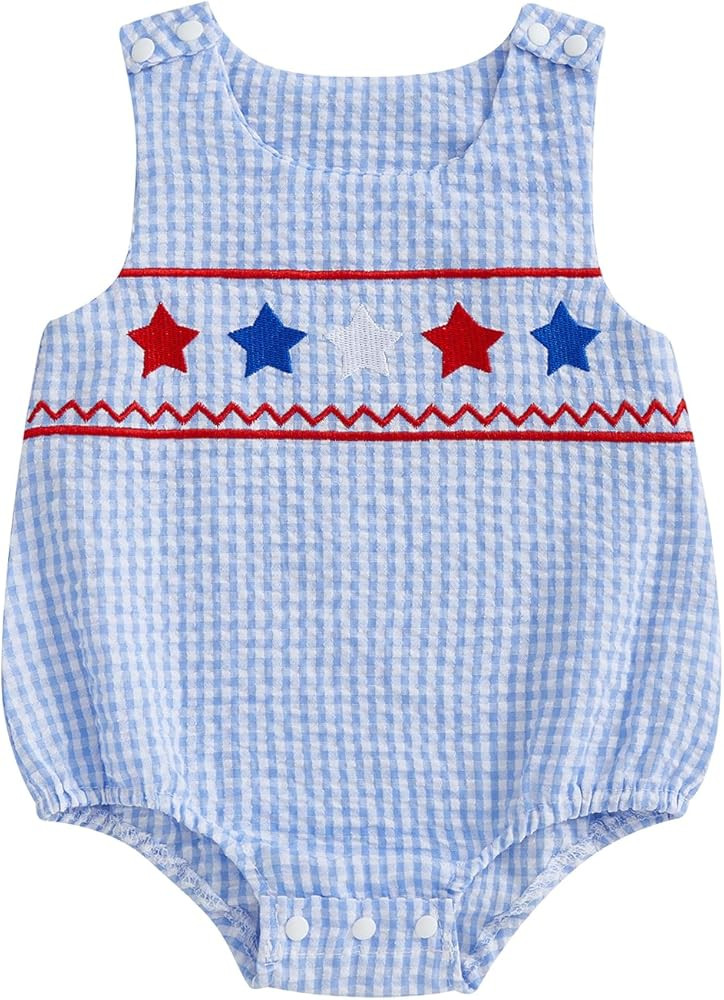 Fourth Of July Baby Boy Outfit Newborn American Flag Firework Bubble Romper Infant Sleeveless Bod... | Amazon (US)