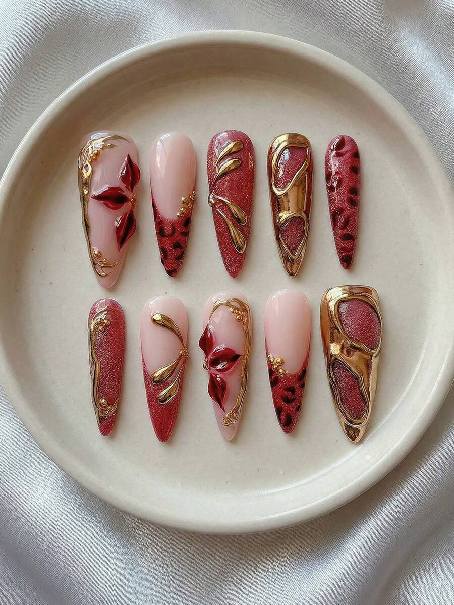 10PCS Y2K Nails Long Almond Handmade Press-On Nails - Red Nude Gradient Cat's Eye French Tip Nail... | SHEIN