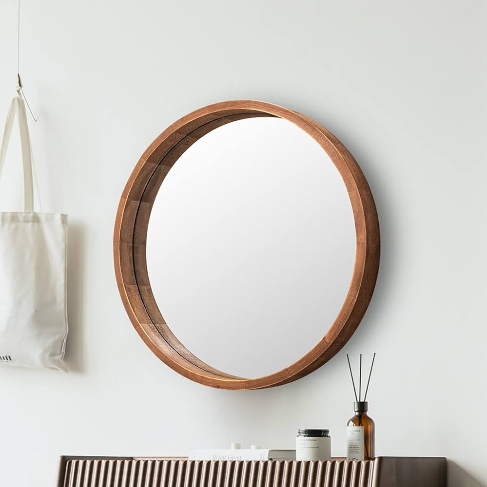 Round Wood Mirror 24 Inch Farmhouse Wall Mirror Wooden Framed Brown Circle Mirror for Bathroom | Amazon (US)