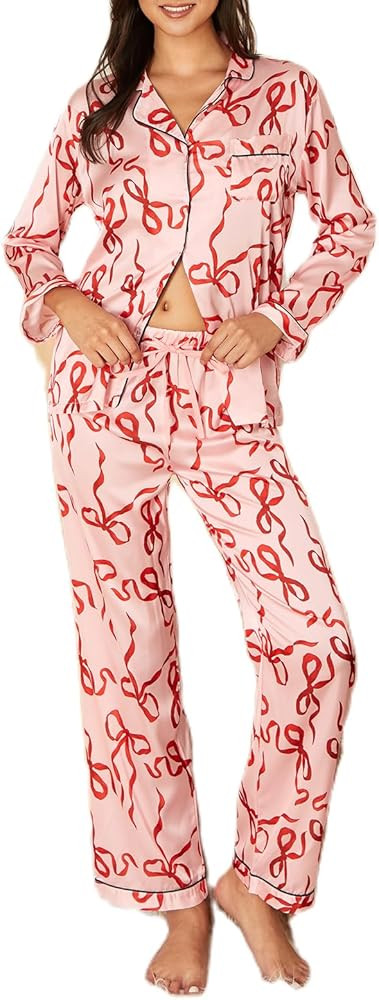 cochineal Bow Print Pants Set for Women Long Sleeve Button Shirt Lounge Pants Set Silk Satin 2 Pi... | Amazon (US)