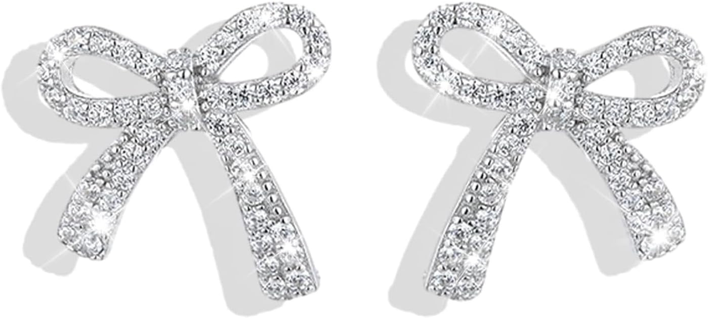 Bow Earrings for Women Trendy Sparkly Rhinestone Stud Earrings Bow Pearl Dangle Earrings Silver J... | Amazon (US)