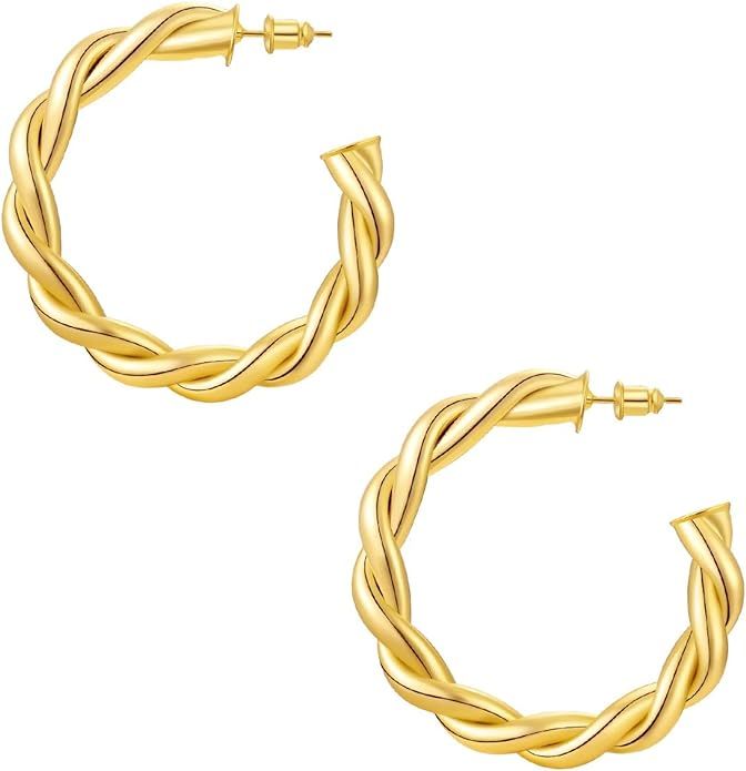 Reoxvo 18K Gold Chunky Twisted Hoop Earrings for Women Thick Gold Hoops 30mm/50mm | Amazon (US)