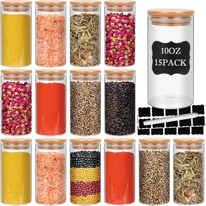 Glass Food Storage Containers Jars with Airtight Bamboo Lid 10 oz 15 pcs, 290 ml Pantry Organizat... | Amazon (US)