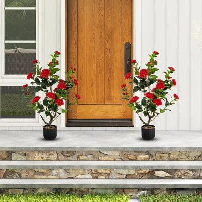 Primrue 38'' Artificial Camellia Tree Faux Floral Plant Fake Tree For Decoration Red | Wayfair North America