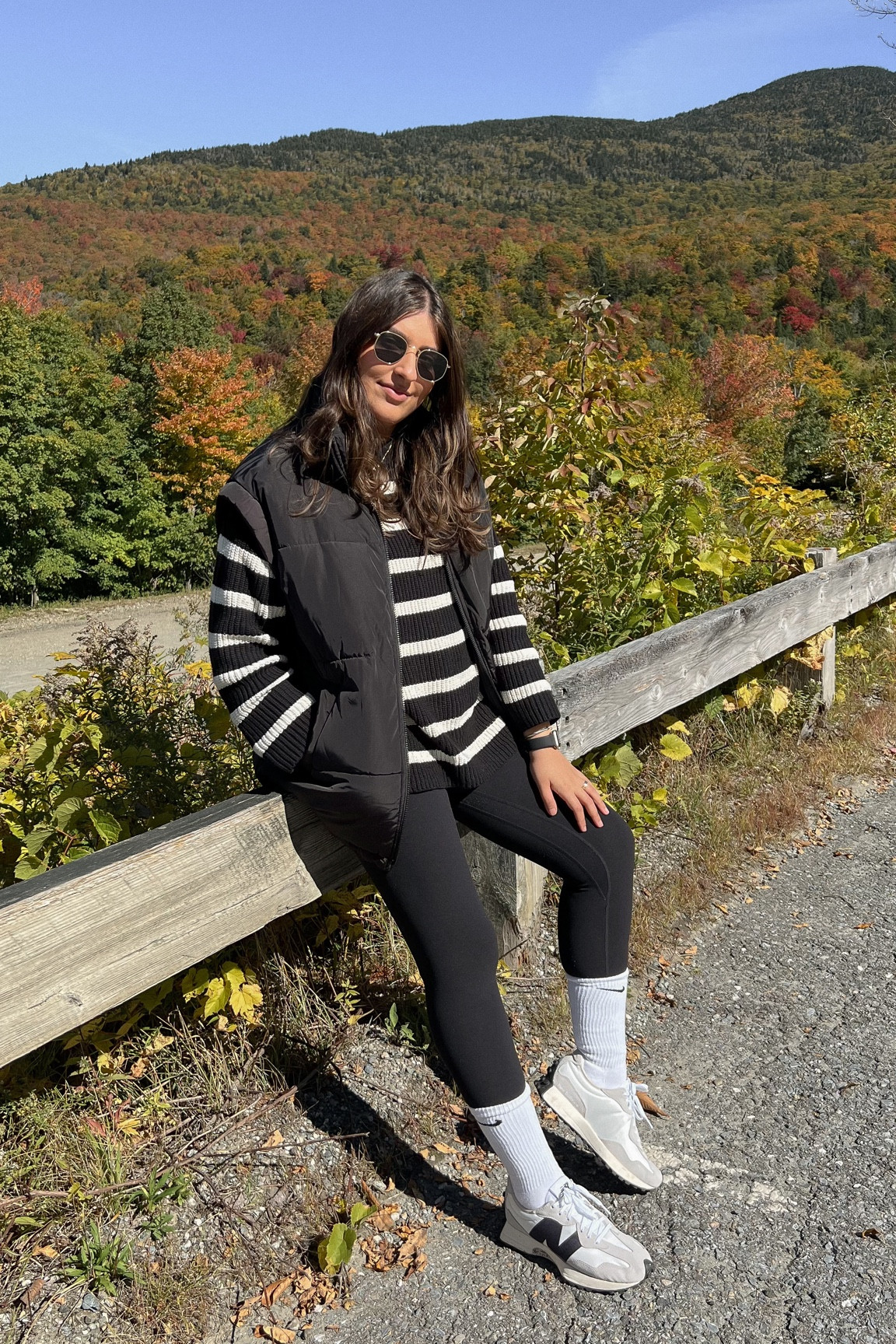 Fall outfit 
Puffer vest
New balance 327 sneakers 
Stripped sweater 
Lululemon align leggings 

#LTKSeasonal #LTKunder100 #LTKunder50