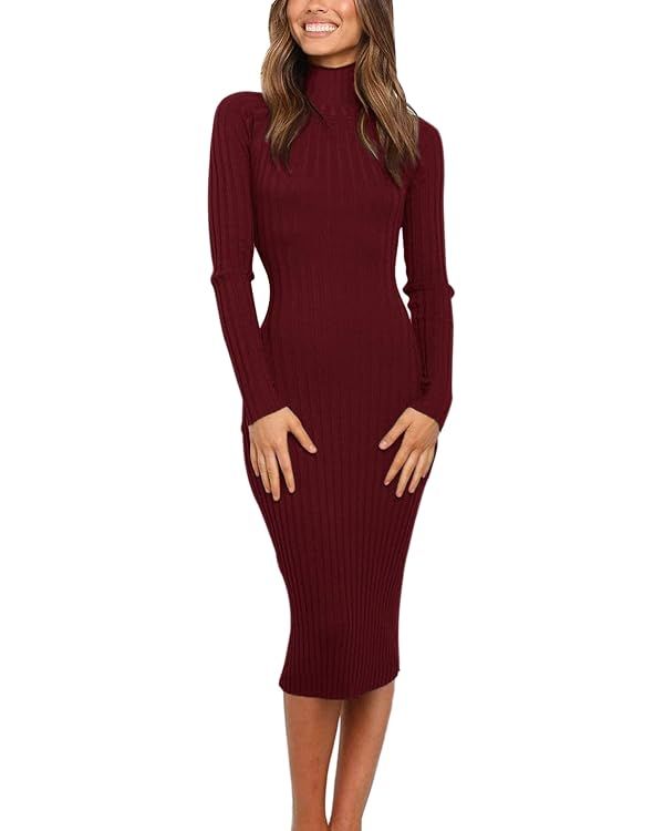 MEROKEETY Women's 2024 Ribbed Long Sleeve Sweater Dress High Neck Slim Fit Knitted Midi Dress | Amazon (US)