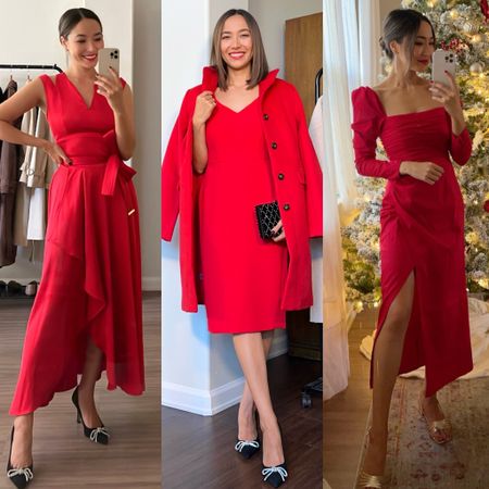 Holiday outfits in red 

Satin waterfall maxi dress xs
Crepe sheath dress 00 regular - 40% off and comes in petite 
Old reformation dress (R) - sold out but same design is now available in silk 

#LTKparties #LTKHoliday #LTKstyletip