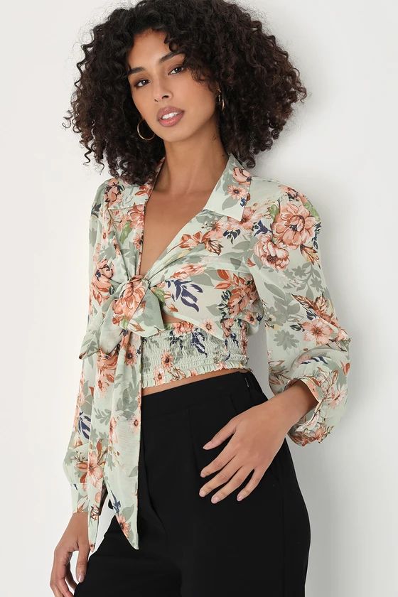 Precisely Perfect Sage Green Floral Tie-Front Long Sleeve Top | Lulus (US)