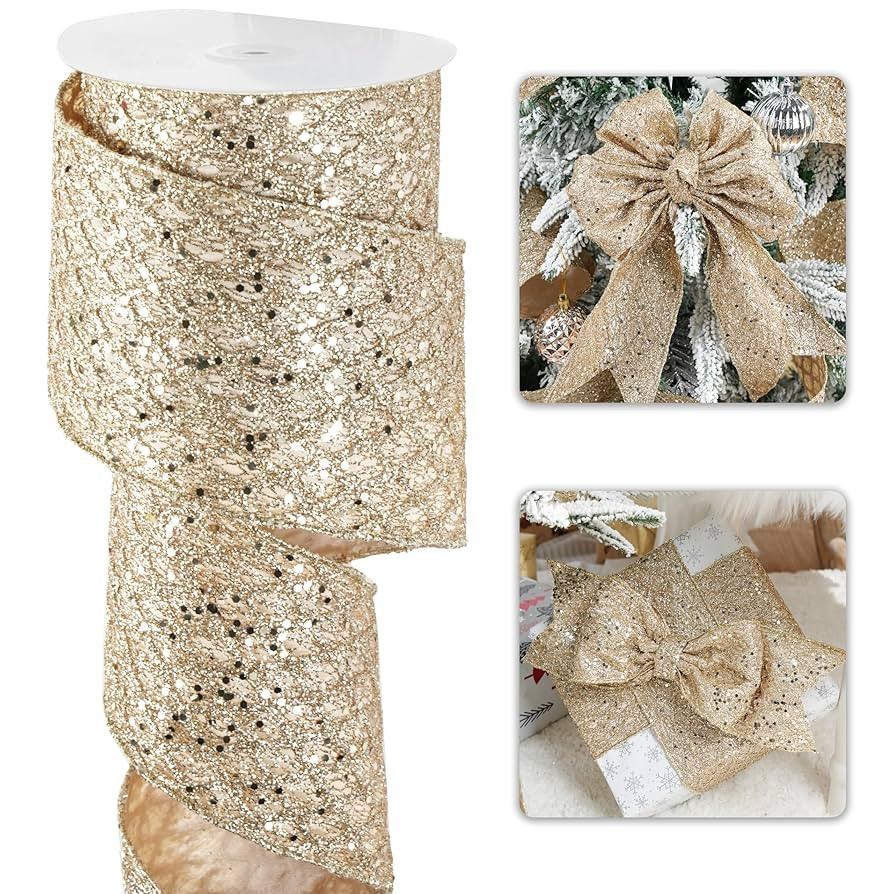 Champagne Christmas Ribbon 4" Glitter Mesh Wired Ribbon for Christmas Tree Champagne Gold Diamond... | Amazon (US)
