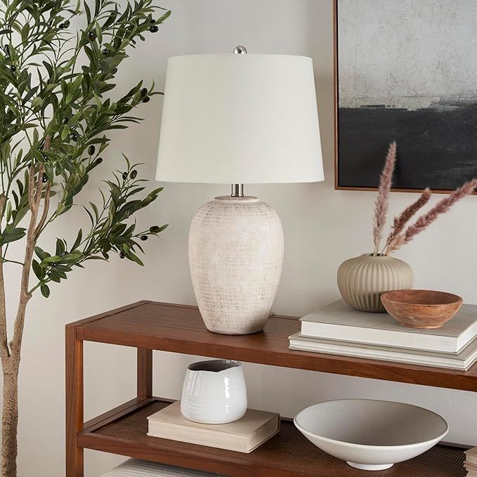 Nourison 23" Distressed Cream/Beige Rustic Ceramic Jar Table Lamp for Bedroom, Living Room, Dinin... | Amazon (US)