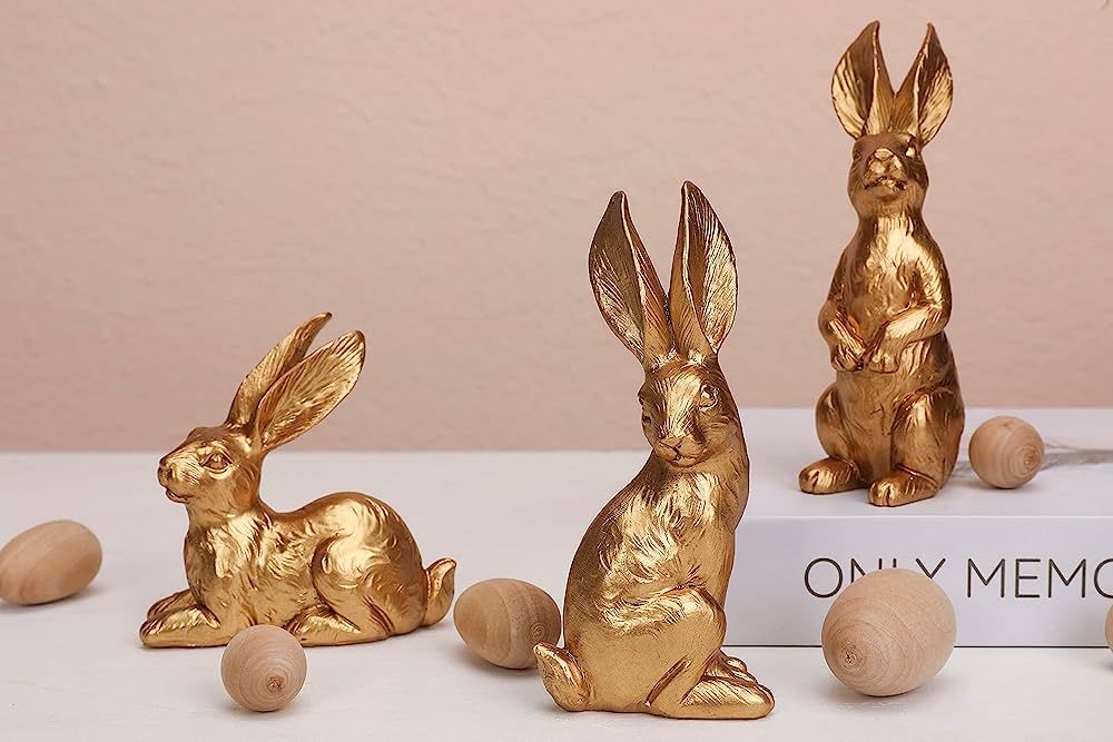 WONDROUS' DECO Resin Bright Gold Easter Bunny Figurines, Small Decorative Easter Bunny Statue Set... | Amazon (US)