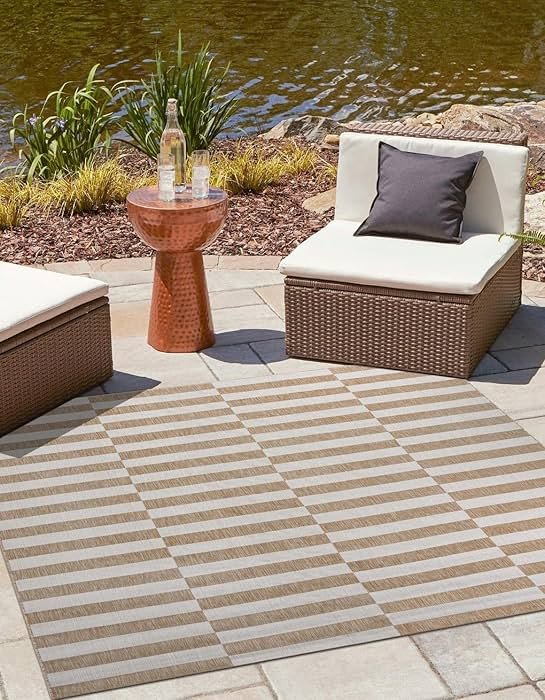 Unique Loom Outdoor Striped Collection Area Rug - Striped (6' 1" Square Taupe/Ivory) | Amazon (US)