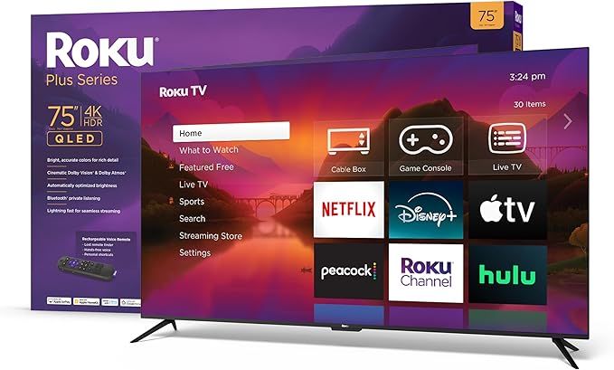 Roku 75" Plus Series 4K Dolby Vision HDR10+ QLED Smart RokuTV with Voice Remote Pro, Striking 4K ... | Amazon (US)