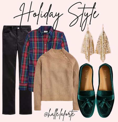 Holiday style 
Christmas plaid 
Holiday plaid 
Velvet loafers 
Tan sweater with buttons 
Black corduroy pants 
Plaid button up 
Christmas outfit 
Winter outfit holiday outfit 

#LTKHoliday #LTKSeasonal #LTKHolidaySale