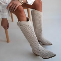 Beige Suede Perforated Cowboy Boots - Knee-High Western Boho Festival Boots, Lightweight Summer Cowgirl Shoes Block Heel | Etsy (US)