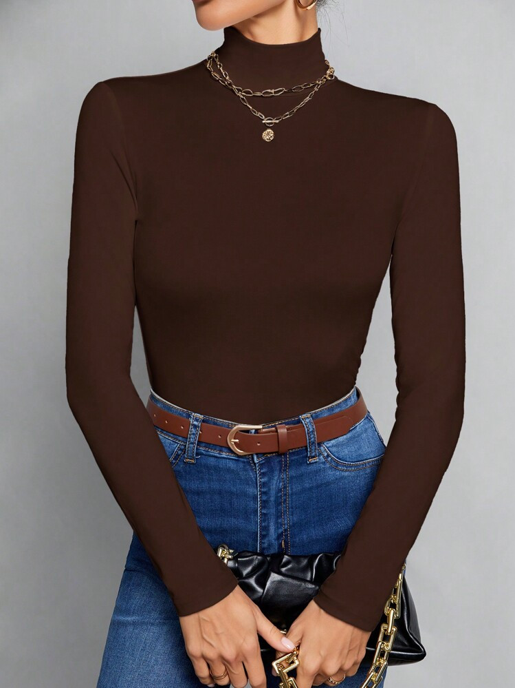 Brown Tall Simple Slim Turtle Neck | SHEIN