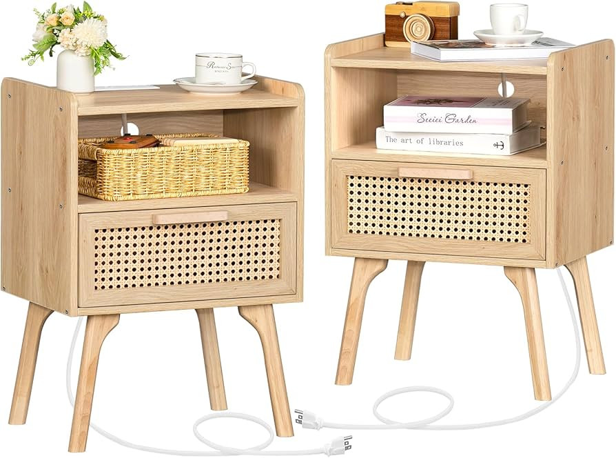 Lerliuo Rattan Nightstands Set of 2 with Charging Station, Boho Side Table with Drawer Open Shelf... | Amazon (US)
